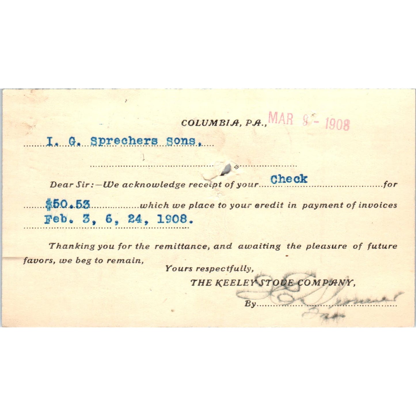 1908 Keeley Stove Company Columbia PA Payment Receipt Postal Card AE8