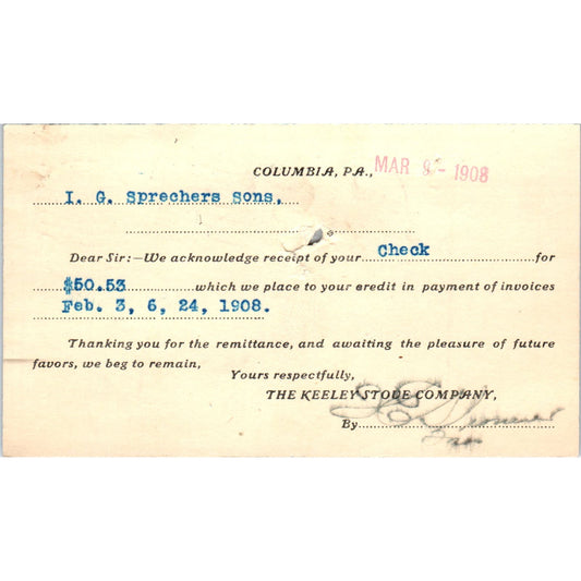 1908 Keeley Stove Company Columbia PA Payment Receipt Postal Card AE8