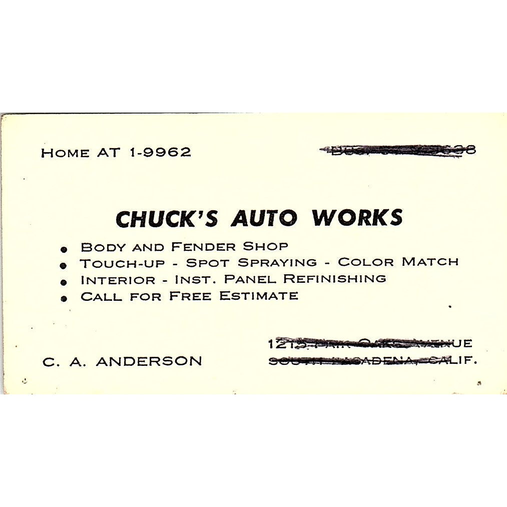 C.A. Anderson Chuck's Auto Works Pasadena CA Vintage Business Card SE3-B14