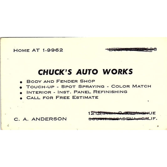 C.A. Anderson Chuck's Auto Works Pasadena CA Vintage Business Card SE3-B14