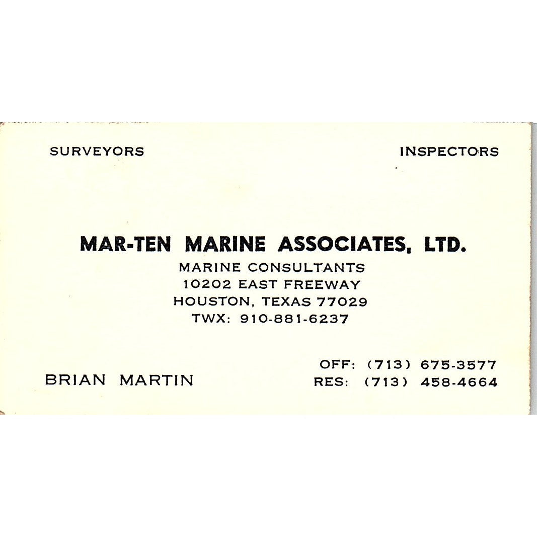 Brian Martin Mar-Ten Marine Assoc Ltd Houston Vintage Business Card SD9-B7