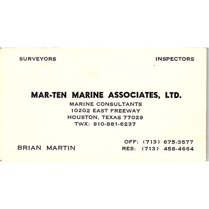 Brian Martin Mar-Ten Marine Assoc Ltd Houston Vintage Business Card SD9-B7