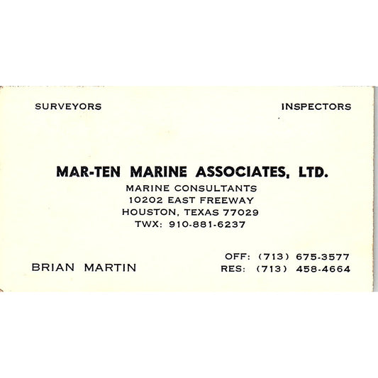 Brian Martin Mar-Ten Marine Assoc Ltd Houston Vintage Business Card SD9-B7