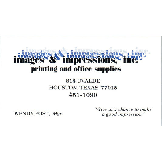 Wendy Post Images & Impressions Inc Houston TX Vintage Business Card SE3-B5