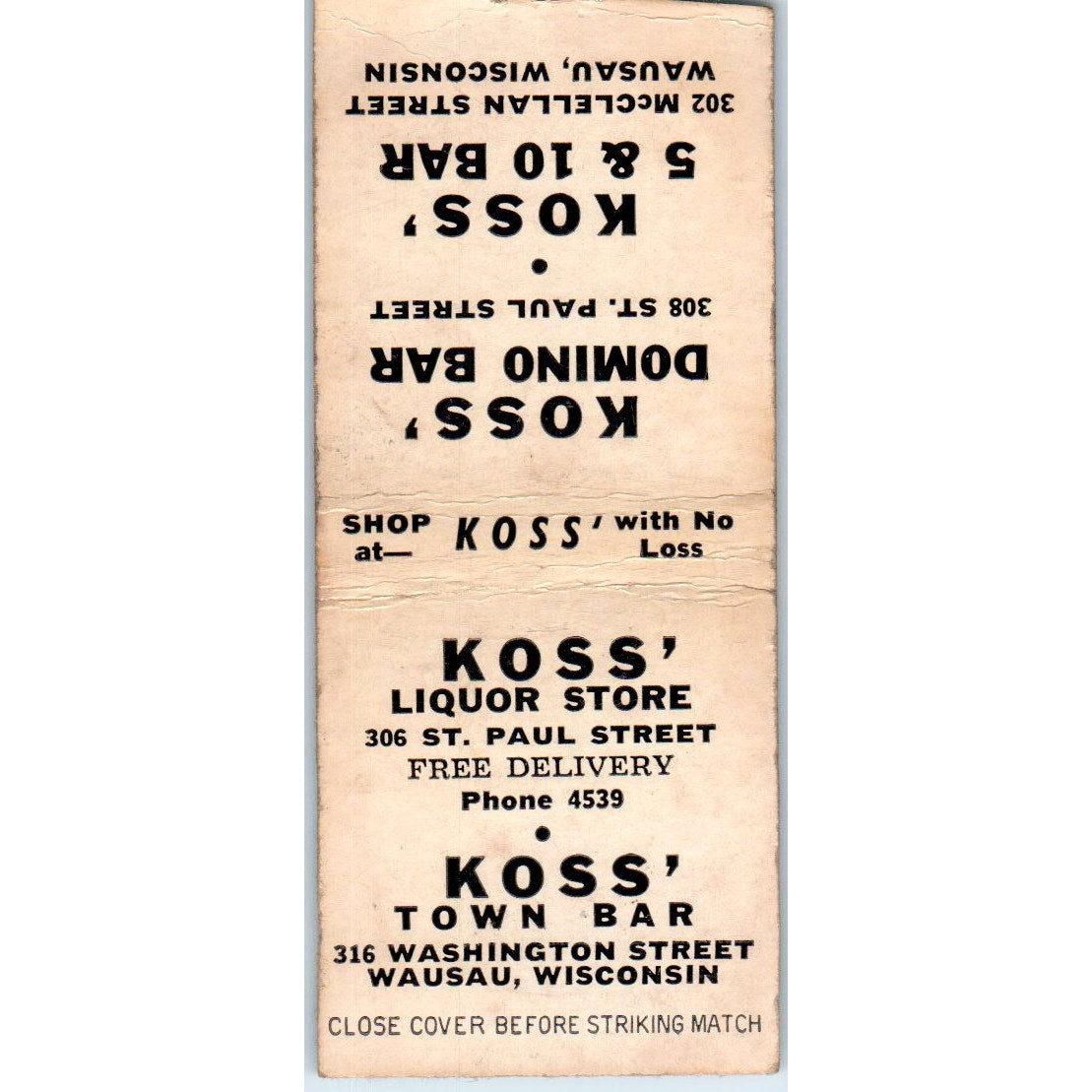 Koss' Domino Bar Wausau WI Vintage Matchbook Cover SD4-Y7