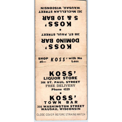 Koss' Domino Bar Wausau WI Vintage Matchbook Cover SD4-Y7
