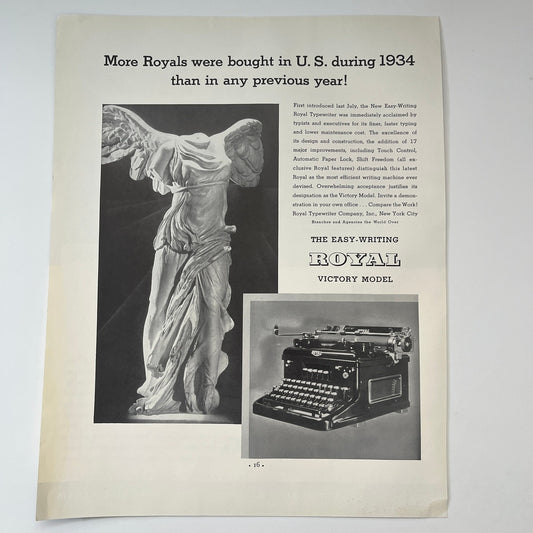 The Easy Writing Royal Victory Model Royal Typewriter Co NY 1935 Ad V1-5