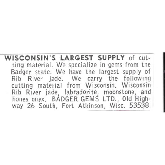 Badger Gems Ltd Lapidary Supply Fort Atkinson WI 1972 Ad AF8-S21
