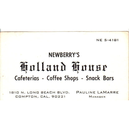 Newberry's Holland House Pauline LaMarre Compton CA Vintage Business Card SD8-B8