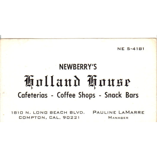 Newberry's Holland House Pauline LaMarre Compton CA Vintage Business Card SD8-B8