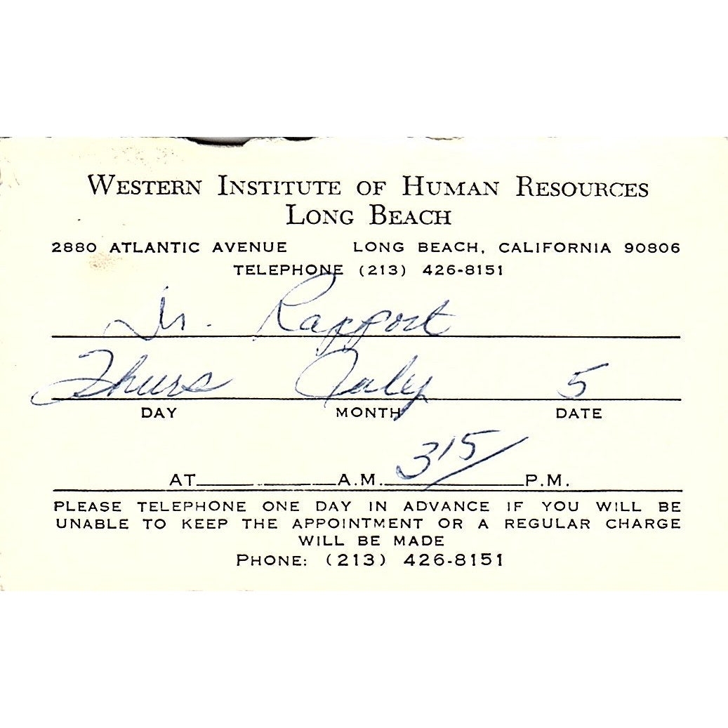 Western Institute Of Human Resources Long Beach CA Vintage Business Card SB4-B2