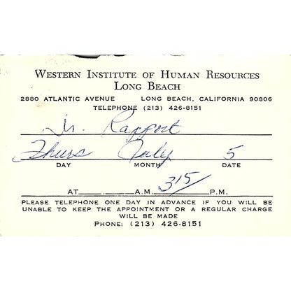 Western Institute Of Human Resources Long Beach CA Vintage Business Card SB4-B2