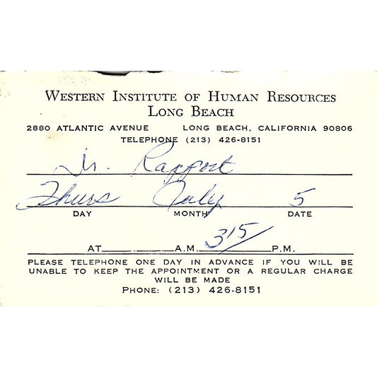 Western Institute Of Human Resources Long Beach CA Vintage Business Card SB4-B2