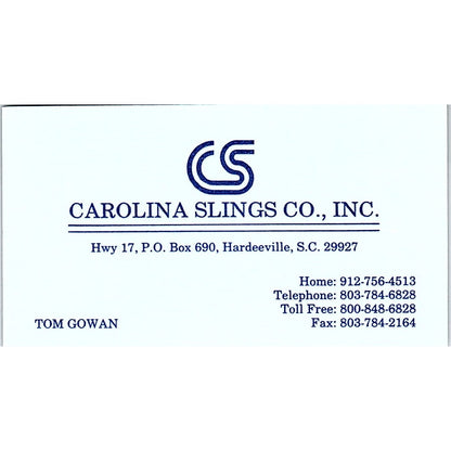 Tom Gowan Carolina Slings Co Hardeeville SC Vintage Business Card SC9-B3