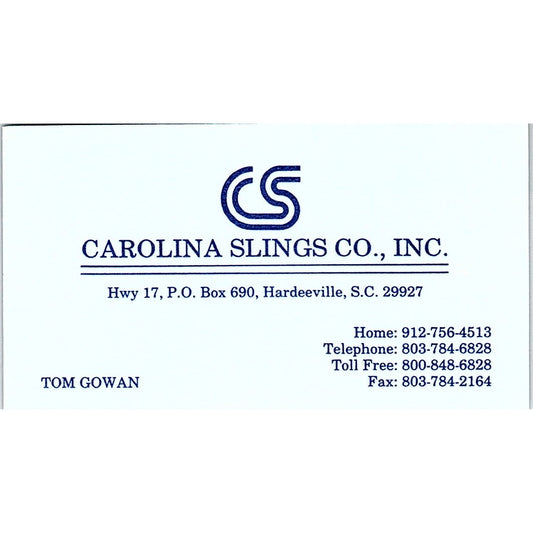 Tom Gowan Carolina Slings Co Hardeeville SC Vintage Business Card SC9-B3