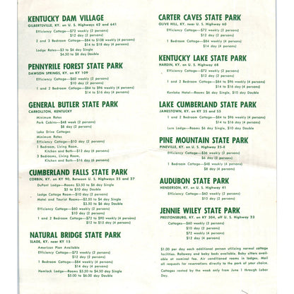 1950s Kentucky Vacation Parks Rate List Fold Out Travel Brochure AE8