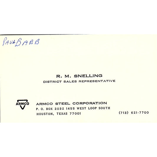 R.M. Snelling Armco Steel Corp Houston Vintage Business Card SE5-B2