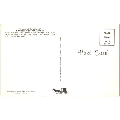 Bower's Covered Bridge Amish Heart of Dutchland Vintage Bridge Postcard PD3