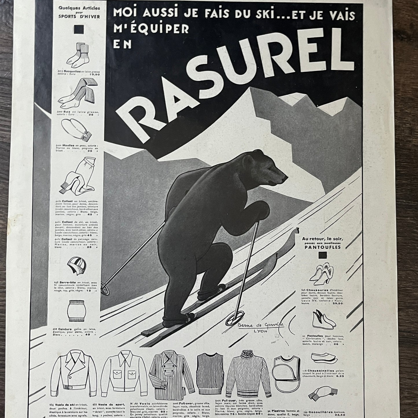 Art Deco Rasurel Ski Equipment Skiing Bear French Vintage Magazine Ad 11x15 V8