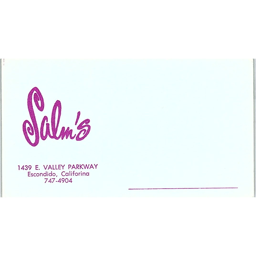 Salm's Women's Fashion Escondido CA Vintage Business Card SE5-B4