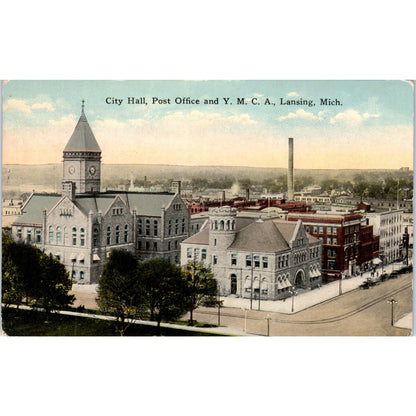 City Hall, Post Office and YMCA Lansing MI Vintage Postcard PD9