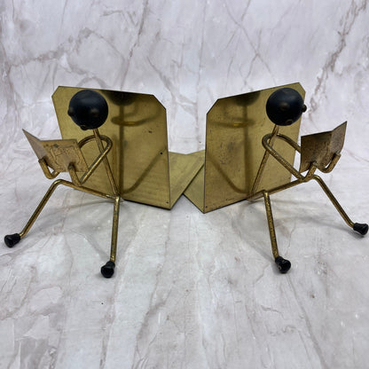 1950s MCM Modernist Brass and Wood Stick Figure Bookends Set of 2
