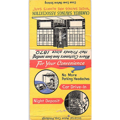 Cambria Savings Association Johnstown PA Vintage Matchbook Cover SC7-Y3