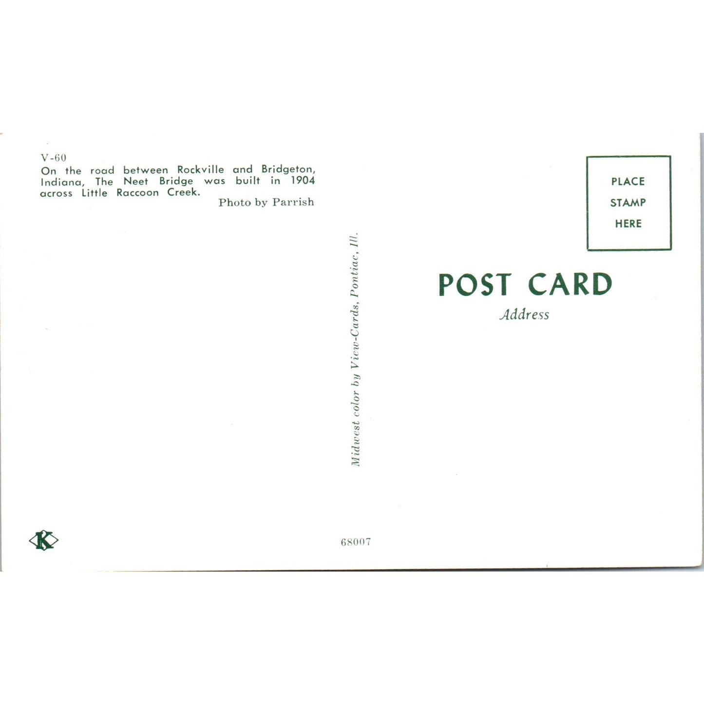 The Neet Bridge Parke County Indiana No 10 Vintage Covered Bridge Postcard PD3