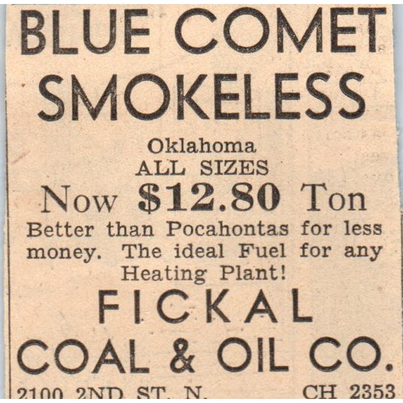 Blue Comet Smokeless Fickal Coal & Oil Co 1935 Minneapolis Journal Ad AE7-H2