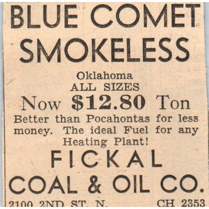 Blue Comet Smokeless Fickal Coal & Oil Co 1935 Minneapolis Journal Ad AE7-H2