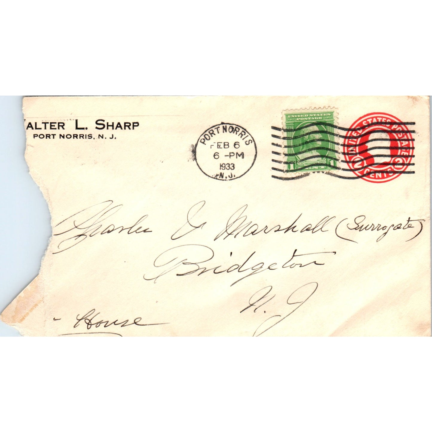 1933 Walter L. Sharp Port Norris NJ Postal Cover Envelope TG7-PC3