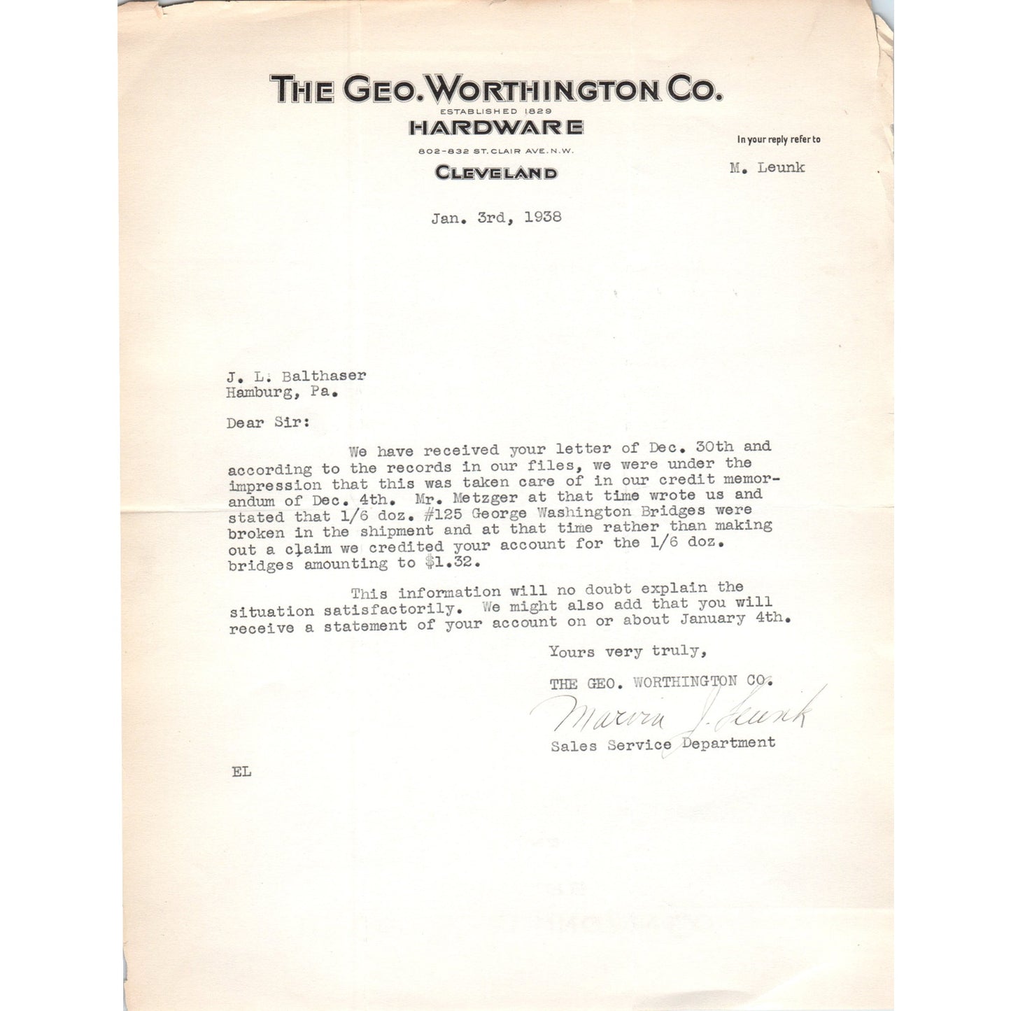 1938 The Geo Worthington Co Hardware M. Leunk Cleveland OH Letterhead Memo D20