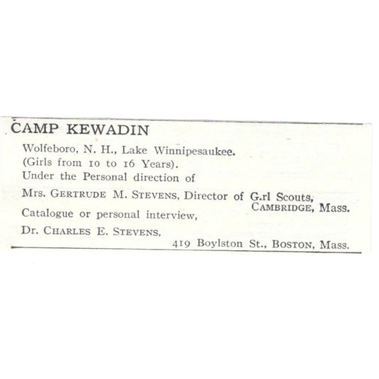 Camp Kewadin Wolfeboro NH Lake Winnipesaukee Charles E Stevens 1918 Ad AE5-SA11