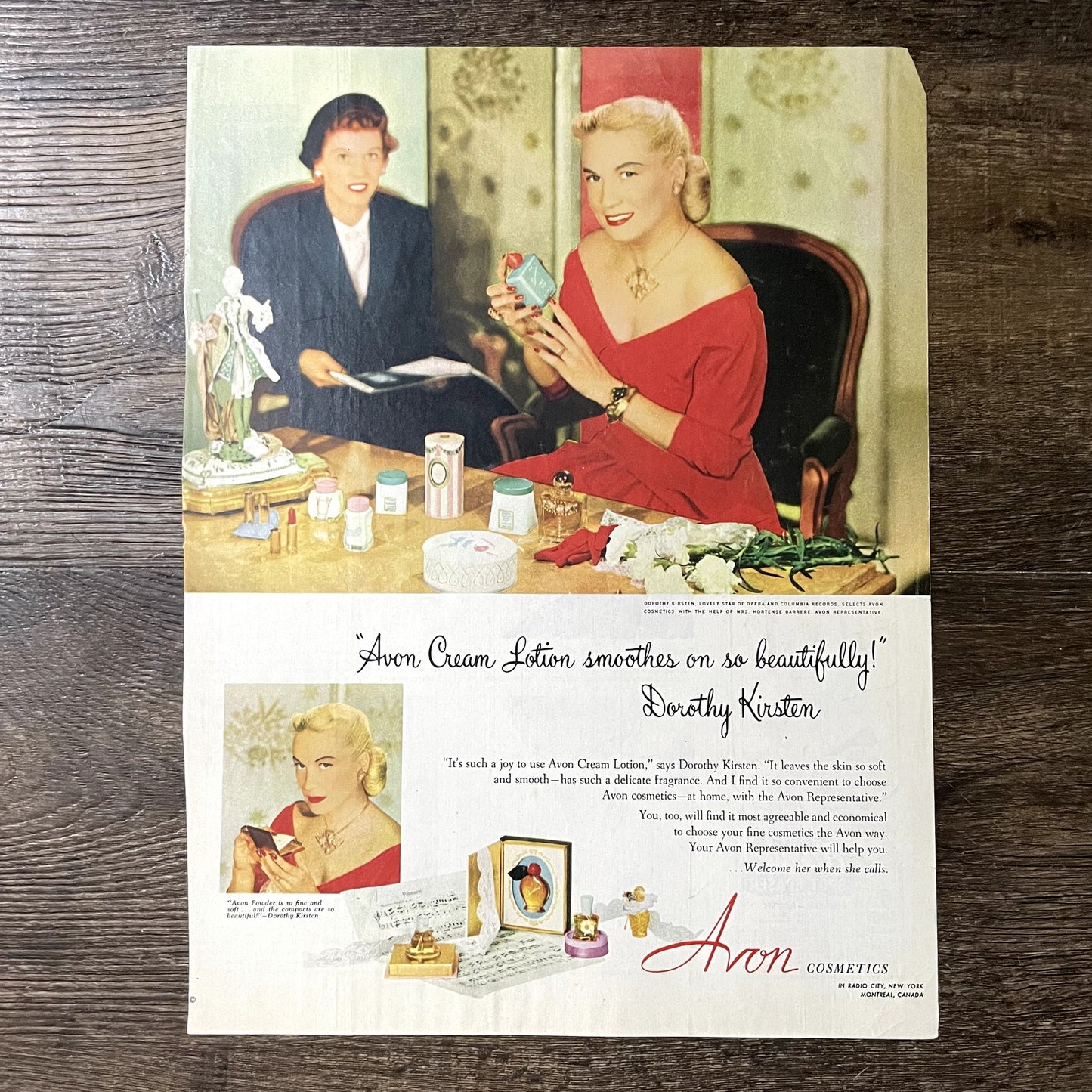 Avon Cosmetics Dorothy Kirsten, Hortense Barrere Vintage Magazine Ad 10x13 V11