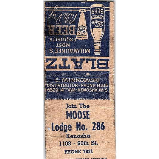 Moose Lodge 286 Kenosha WI Blatz Vintage Matchbook Cover SC7-Y11