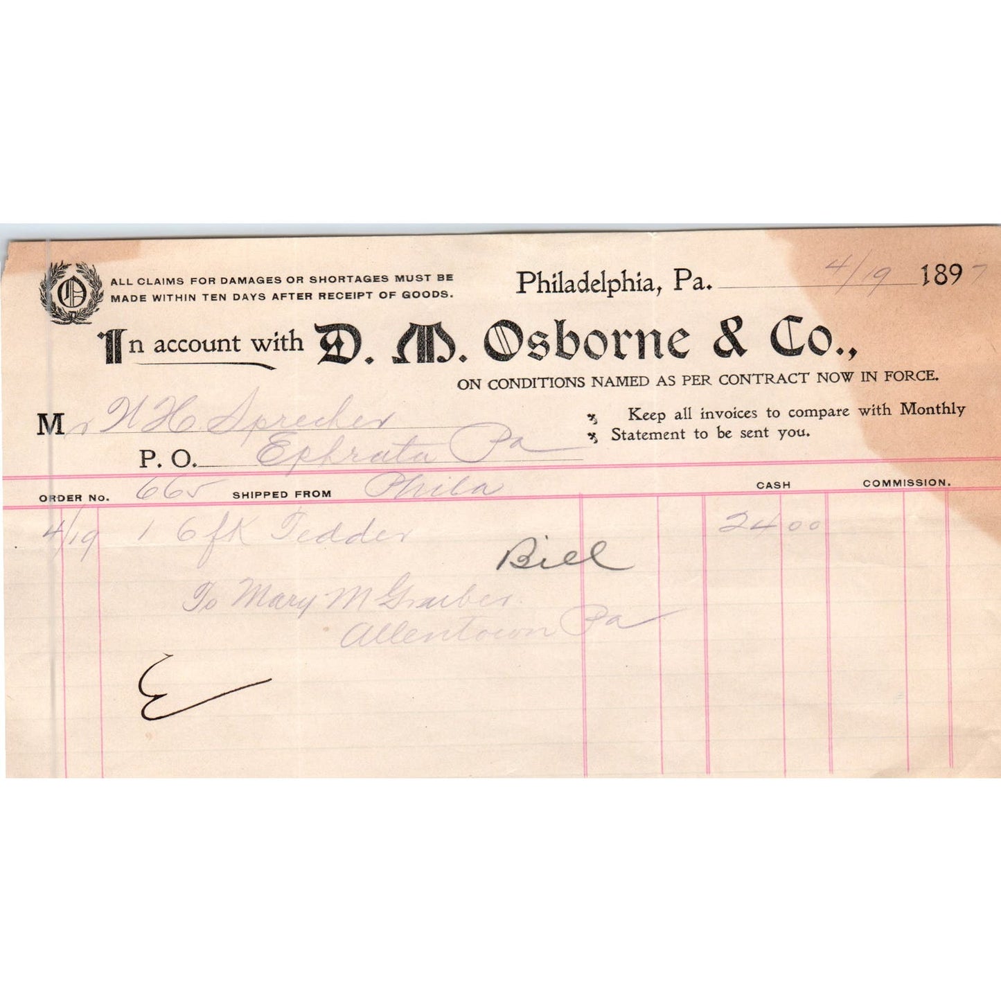 1897 D.M. Osborne & Co Philadelphia Letterhead Billhead Receipt D11