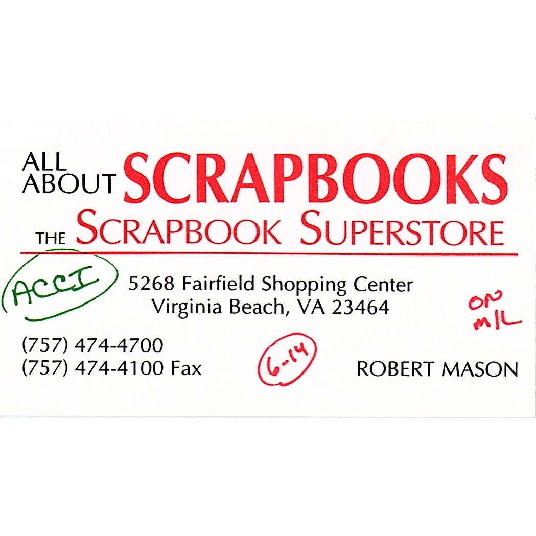 All About Scrapbooks Robert Mason Virginia Beach VA Vintage Business Card SC9-B8