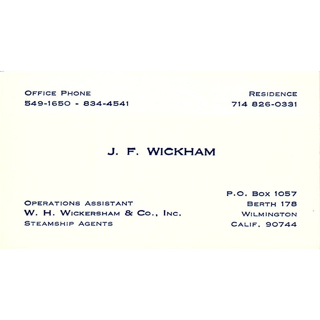 W.H Wickersham & Co.  J.F Wickham Wilmington CA Vintage Business Card SB4-B11