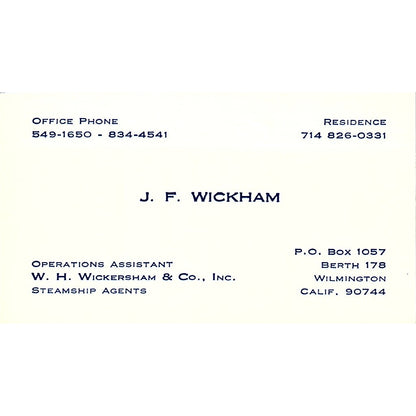 W.H Wickersham & Co.  J.F Wickham Wilmington CA Vintage Business Card SB4-B11