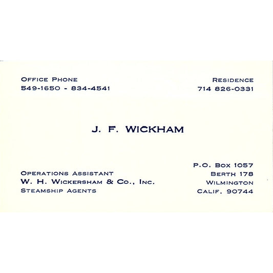 W.H Wickersham & Co.  J.F Wickham Wilmington CA Vintage Business Card SB4-B11