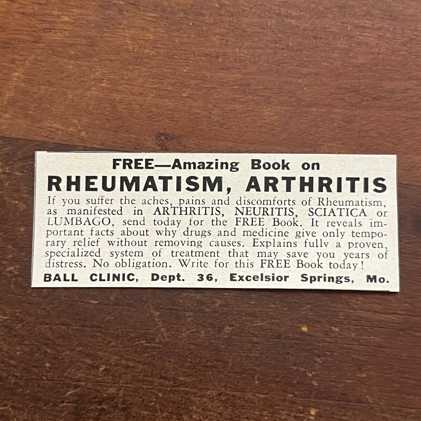 Rheumatism Arthritis Treatment - Ball Clinic Excelsior Springs MO 1955 Ad AF9-S1