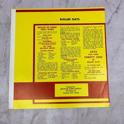 Zettler's Best Rolled Oats Label Zettler Food Supply Trenton New Jersey A19