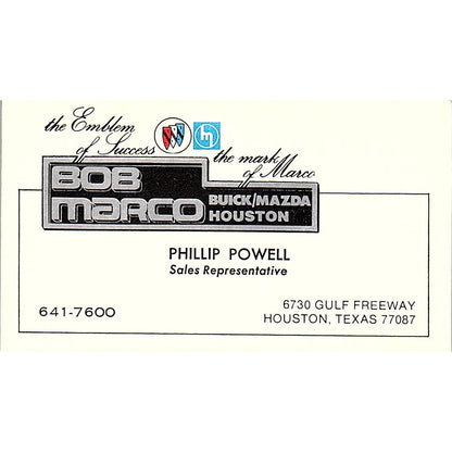 Phillip Powell Bob Marco Buick Mazda Houston Vintage Business Card SD9-B6
