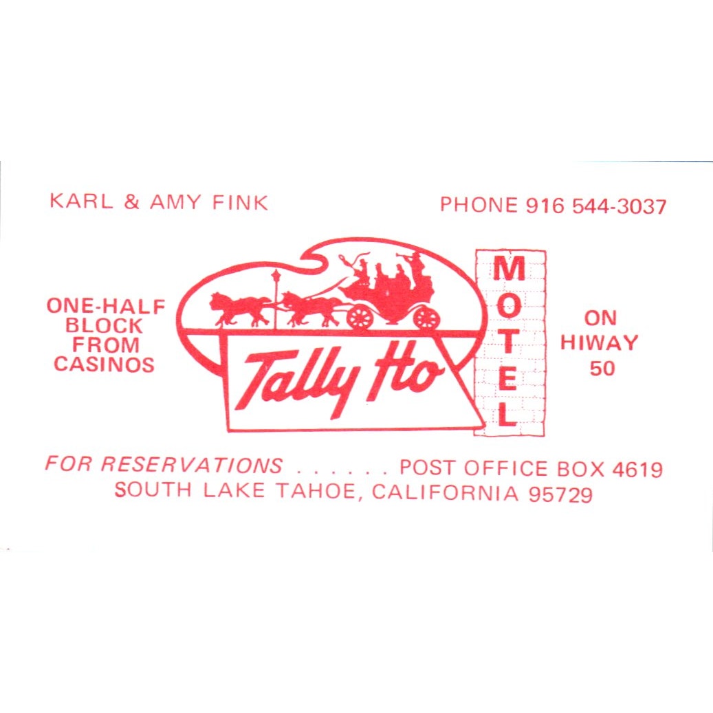 1974 Tally Ho Motel Karl & Amy Fink Lake Tahoe CA Vintage Business Card SD8-B22