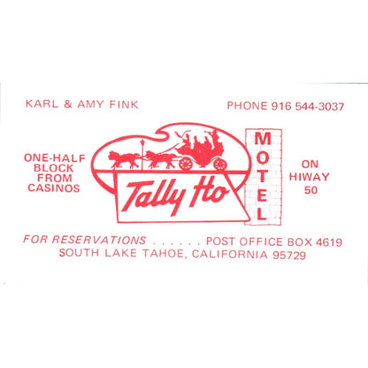 1974 Tally Ho Motel Karl & Amy Fink Lake Tahoe CA Vintage Business Card SD8-B22