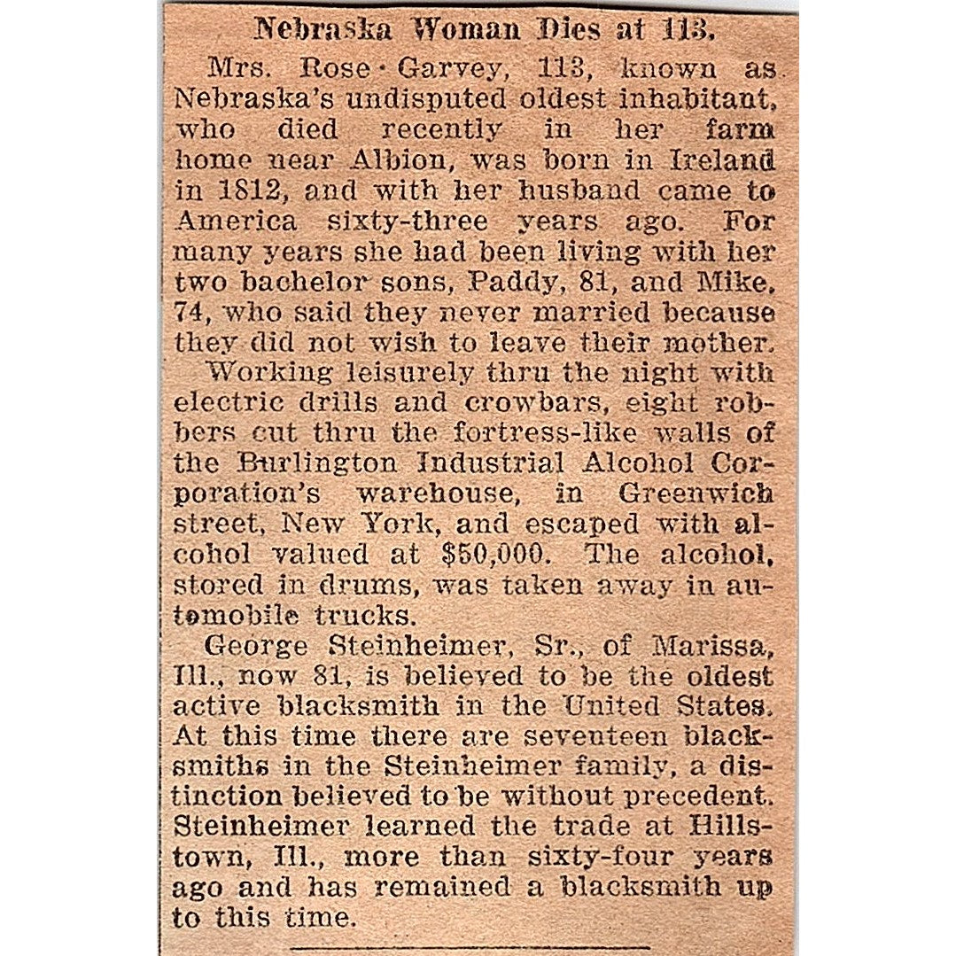 Mrs. Rose Garvey Nebraska's Oldest Woman Dies at 113 Article 1926 AG3-M2
