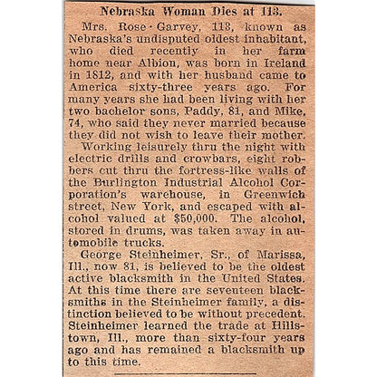 Mrs. Rose Garvey Nebraska's Oldest Woman Dies at 113 Article 1926 AG3-M2