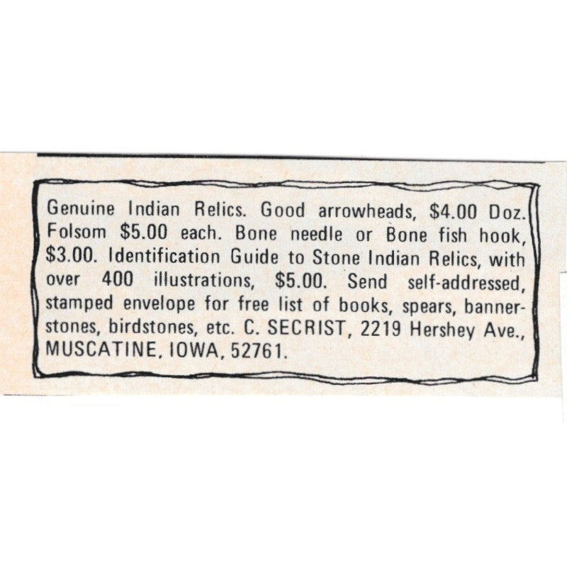 C. Secrist Genuine Indian Relics Muscatine Iowa 1971 Magazine Ad AD8-O2