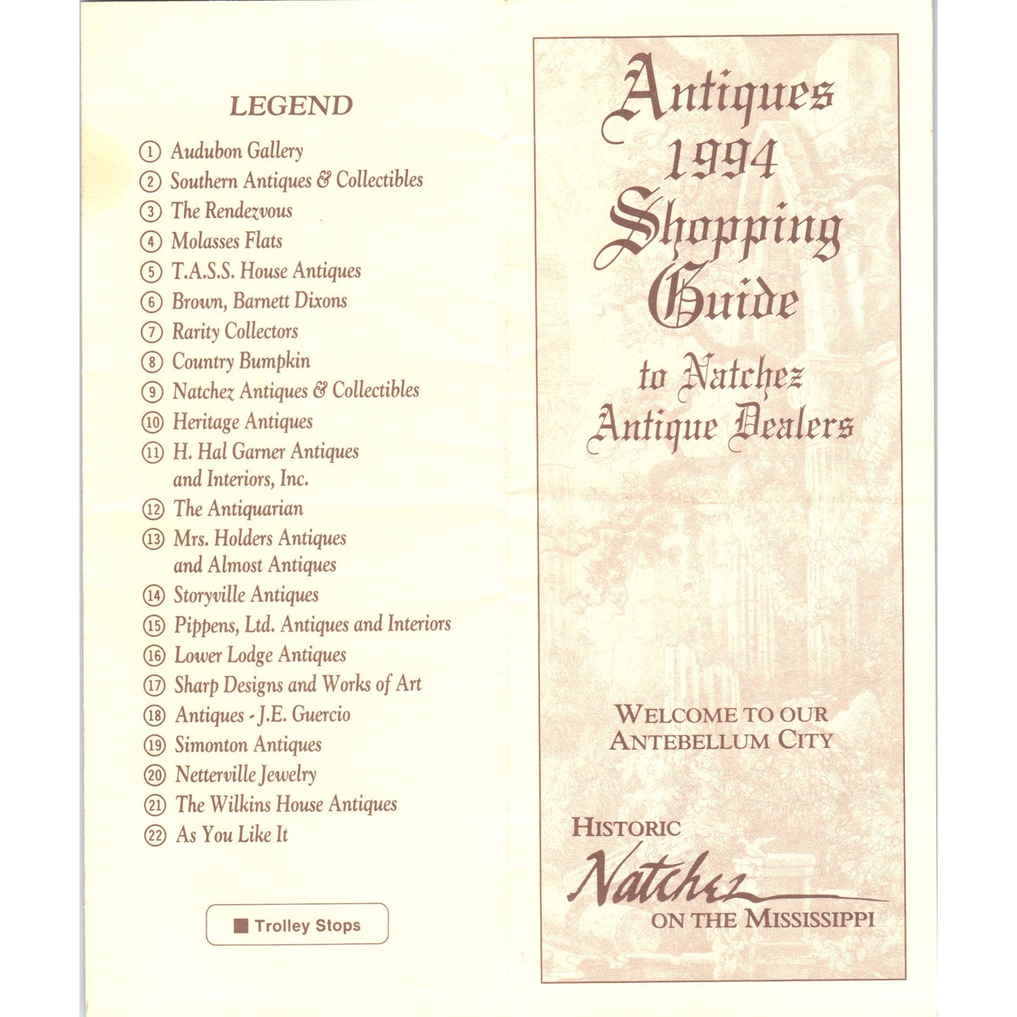 Vintage 1994 Antiques Shopping Guide to Natchez Antique Dealers Brochure H5-5