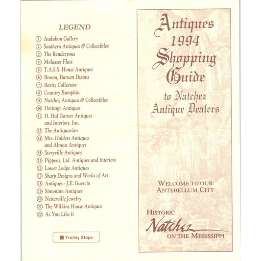 Vintage 1994 Antiques Shopping Guide to Natchez Antique Dealers Brochure H5-5